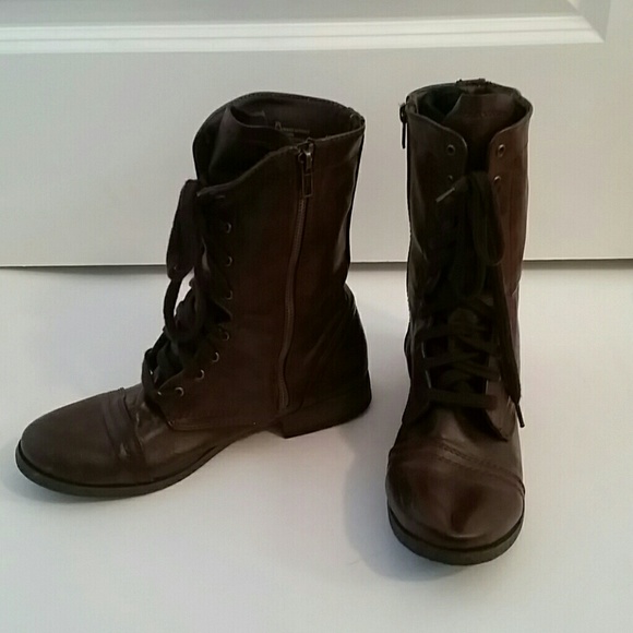 Brown Faux Leather Combat Boots