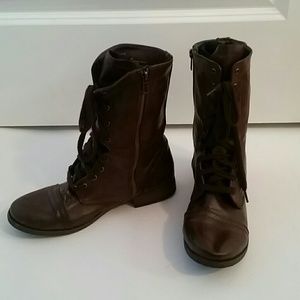 Brown Faux Leather Combat Boots