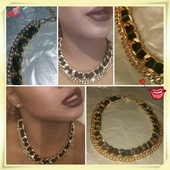 Faux leather gold chain necklace