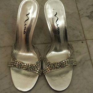 Nina Silver Heels Open Toe with Rhinestones