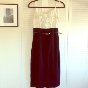 Black Halo midi length dress with ruffle bodice