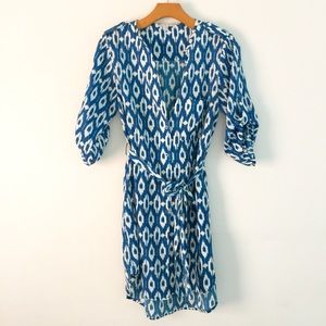 Blue ikat printed button up dress w belt