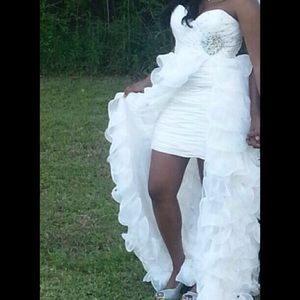 white Mac Duggal prom dress
