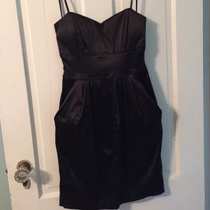 Black satin strapless cocktail dress