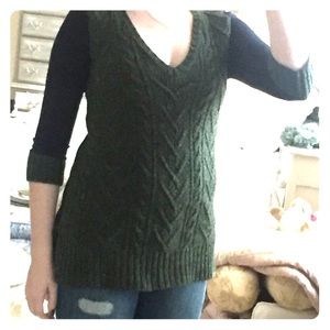 Hunter green wool cable knit with navy blue cotton