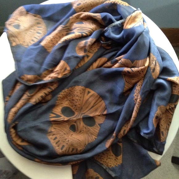Scarf Navy Blue with Brown Skulls. Never used.