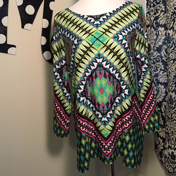 Multicolored and multi patterned bell sleeve top!