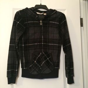 Soft plaid zippered hoodie. Black, white, and gray