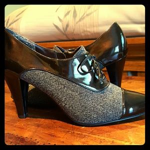 Fierce brown patent and patterned heels.