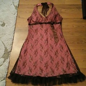 Elegant brown and pink lace overlay halter dress