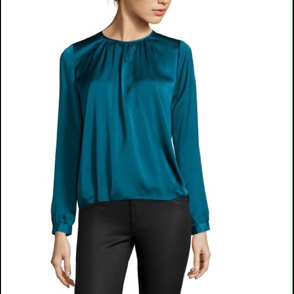 💕SOLD💕 VINCE Teal Satin Draped CrossFront Blouse - Picture 2 of 3