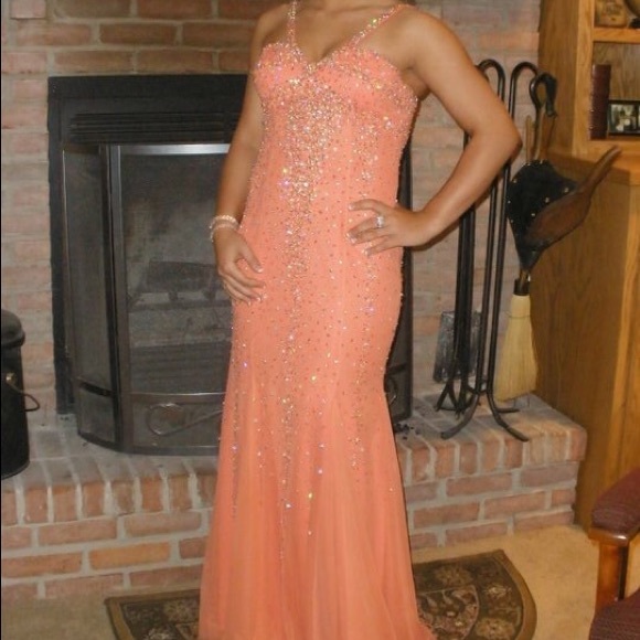 Peach Rhinestone Prom Dress