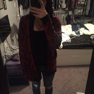 Burgundy and black patterned open front sweater
