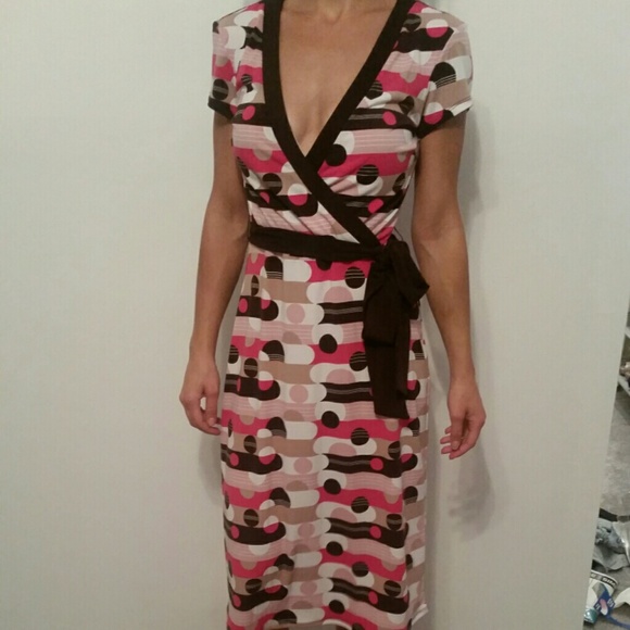 BCBG Belted Faux Wrap Midi Dress Brown and Pink  Size Small - Picture 1 of 4
