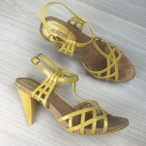 Yellow and Cork Heeled Sandals