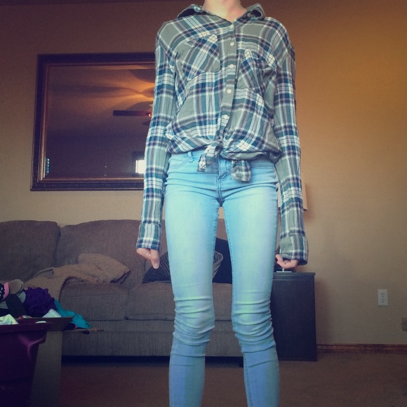A green pink and blue flannel.