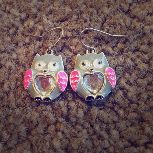 Silver and pink owl earrings