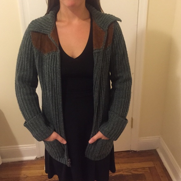 Banana Republic Sweaters - Green/grey wool and suede zip up cardigan