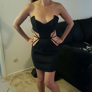 Ribbed caged abstract laser side cutout mini dress