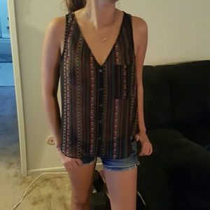 Geo print button down sheer tank