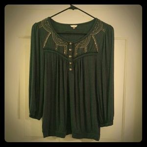 Fossil Dark green top with gold embroidery