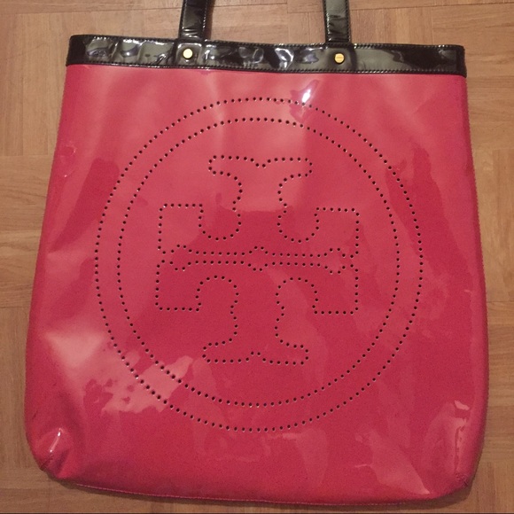 Pink and brown Tory Burch beach bag