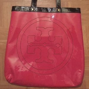 Pink and brown Tory Burch beach bag
