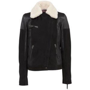 Black leather and suede jacket w shearling collar