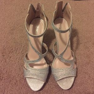 Silver rhinestone encrusted strappy sandal heels