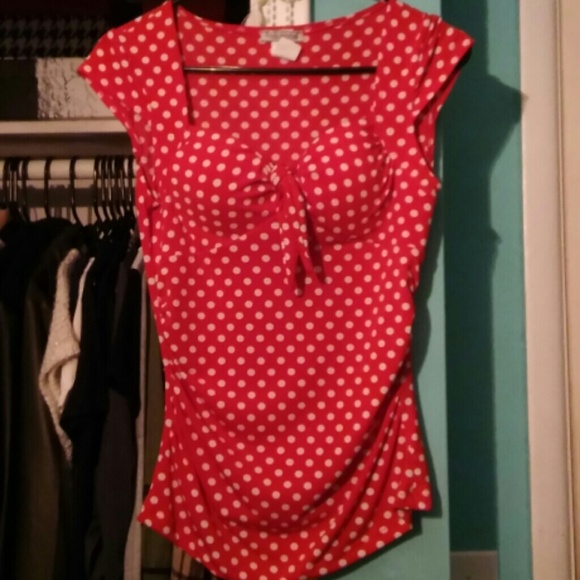 Red with white polka dots top