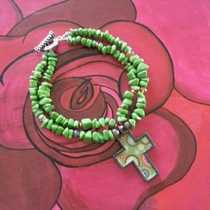 Custom chunky green cowgirl cross beaded necklace