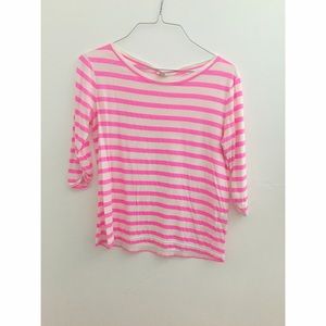 JCrew neon pink and white strip shirt