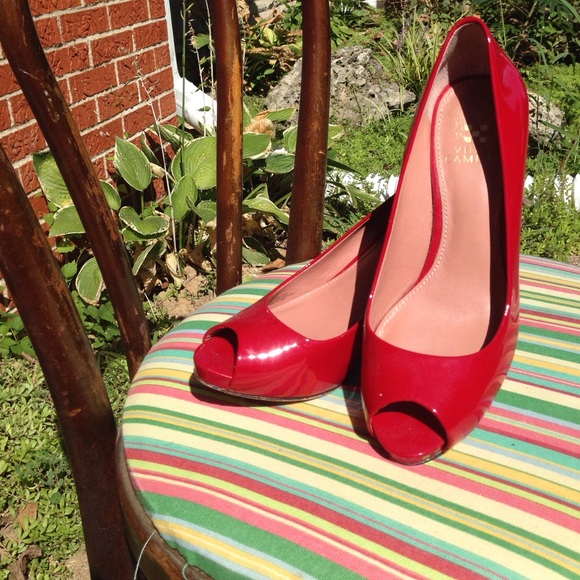 Patent Red Vince Camuto "Kira" Peep Toe Heels