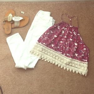 Dark pink/blue/white lace bottom t strap tank top