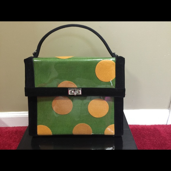 Green/yellow polka dotted purse black velvet trim.