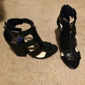 Vince Camuto Black Peeptoe Chunky Heel Booties