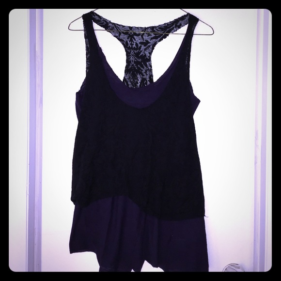 Cotton Top with black lace layer over purple tank.