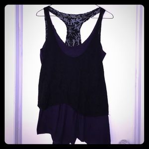 Cotton Top with black lace layer over purple tank.