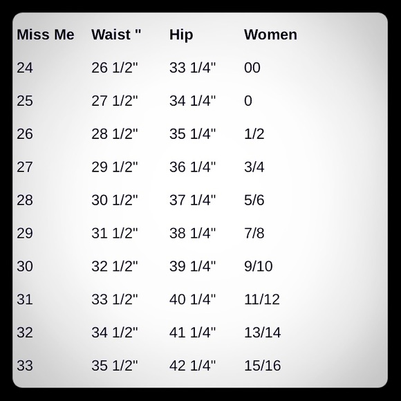 Miss Me Jeans Size Chart