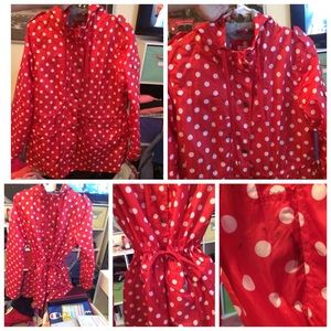 Red and white polka dot raincoat with hood