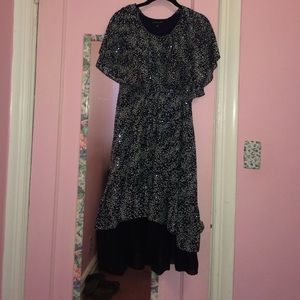 Navy and white beaded evening dress