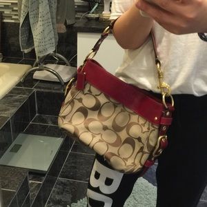 ‼️SOLD‼️✅Coach Red leather trim&tan canvas