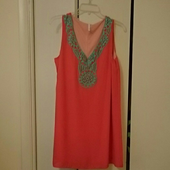 Coral dress with Green neck detail
