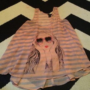 Flowy Top girl on front Grey and peach strips