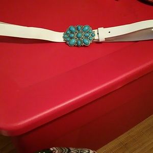 White leather belt with turquoise buckle