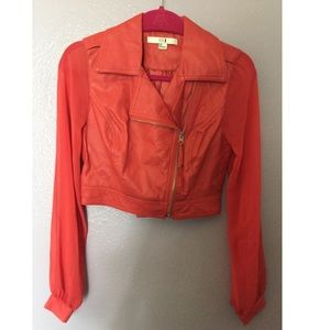 chiffon and leather cropped moto jacket