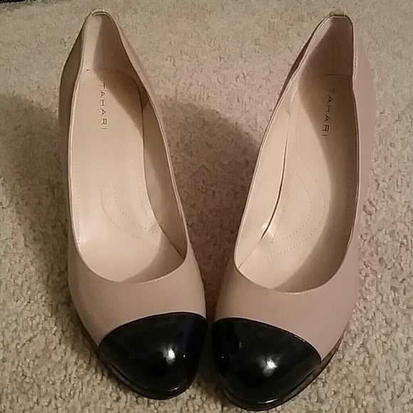 Tan and black pumps