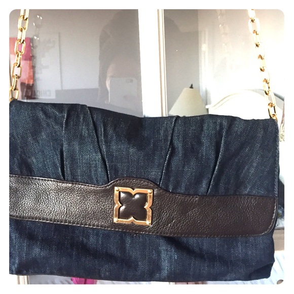 BCBG denim purse with gold shoulder chain