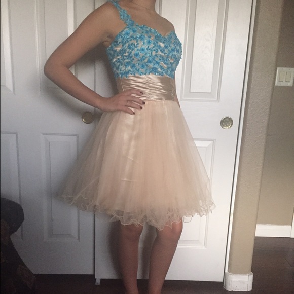 Taupe and turquoise satin homecoming dress.