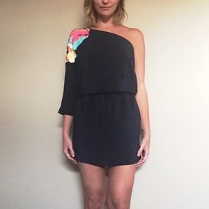 Tibi one sleeve silk dress with sequin shoulder